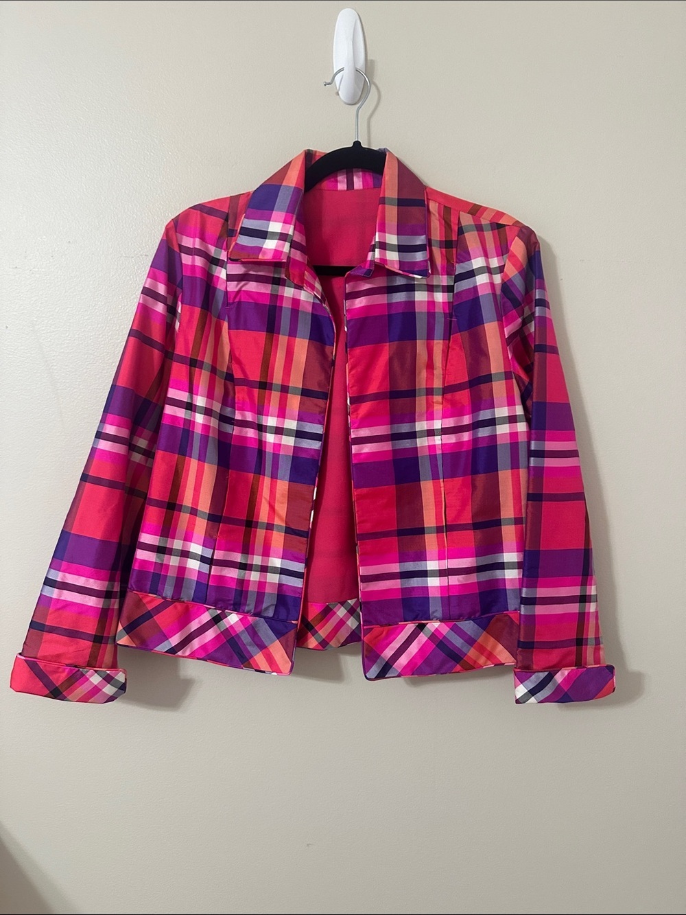 Marisa Baratelli Women’s Pink Purple Plaid 100% Thai Silk Jacket Size 6 Preppy